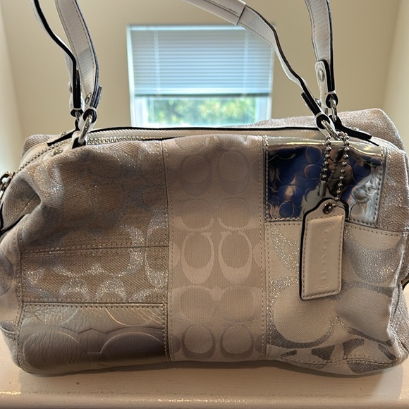 ❌SOLD❌ Coach Upcrafted Patchwork Metallic Signature Strip Satchel - Very Good - Picture 2 of 11